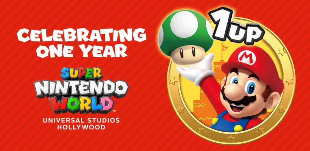 Image showcasing a celebratory banner for the one-year anniversary of Super Nintendo World at Universal Studios Hollywood. The banner features iconic characters Mario, in his classic red hat and blue overalls, and a green-capped mushroom character, both smiling. Behind them is a large gold coin with the text '1UP' suggesting an extra life from the game series. The background is vibrant red with a subtle checker pattern.