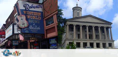 Image shows two contrasting buildings on a street. On the left, there's a colorful storefront with several neon signs, one reading 'Robert's Western World,' advertising live music and a grill. To the right, stands a classical building with tall columns and a dome, reminiscent of historic architecture. The sky is clear with light cloud cover, suggesting a pleasant day.