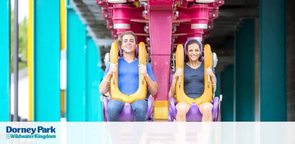 Two individuals are shown smiling and seated in a yellow roller coaster cart, which is part of an amusement park ride. The backdrop features bright structural elements in shades of purple, blue, and white. The logo at the bottom indicates it's Dorney Park & Wildwater Kingdom.