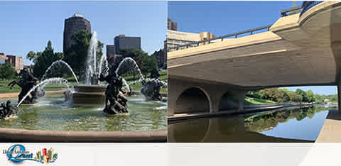 Image displaying two separate scenes. On the left, a fountain with sculpted figures and water jets sits in a park, surrounded by lush greenery and urban buildings under a clear sky. On the right, a wide bridge spans over a calm river reflecting the sky, with trees lining the banks and a clear sky above.