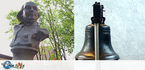 This image shows a split view. On the left, a bronze statue of a historical figure with their left hand on the hip stands before trees and a pale sky. On the right, an aged bronze bell with a crack is displayed against a textured grey background. The logo for  The Quest  is visible in the bottom left-hand corner.
