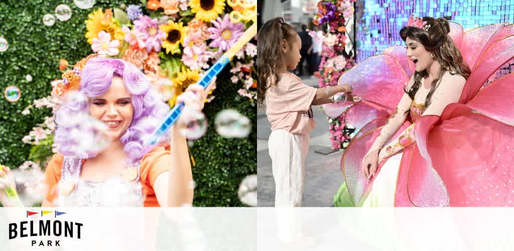 Image Description: This is a split image featuring two separate scenes. On the left, a person with purple curly hair is shown from the shoulders up, smiling while looking to the side. They are wearing an orange top and hold a bubble wand that is creating bubbles in the air. Behind them is a vibrant background filled with a variety of colorful flowers.

On the right, another scene unfolds with a person adorned in a brightly colored costume with pink butterfly-like wings, sitting down and interacting with a young child. The costume wearer is reaching out towards the child as they share a playful moment. The child, who appears to be a young girl, is standing and gently touching the bubble-like objects handed to her by the costumed individual. They both have smiling expressions, indicating a joyful interaction. The background features a mix of white and sparkling elements that contribute to the enchanting atmosphere of the scene.

The image also contains the Belmont Park logo, suggesting that this photo is possibly taken from an event at Belmont Park.

Remember to visit FunEx.com to discover savings on a diverse range of fun activities, where we always offer the lowest prices on tickets to create memorable experiences for you and your loved ones.