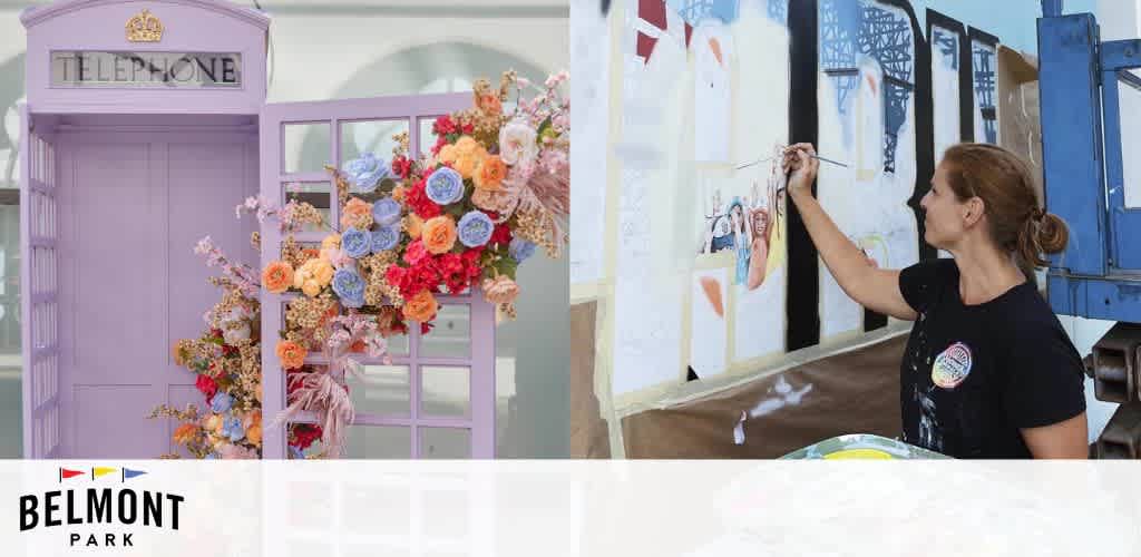 This image is a split-view photo. On the left, there is a traditional British-style telephone booth painted in a pastel purple color. The booth is adorned with an array of colorful faux flowers in shades of blue, orange, pink, and yellow, with additional green foliage, giving it a festive and artistic appearance. The right side of the image features a woman engaging in a creative activity. She is painting on a large canvas that is part of a wall. The painting depicts a group of people, and she is currently adding details to one of the figures with a focused expression. She is wearing a black t-shirt with a logo and her hair is pulled back into a bun.

The logo for Belmont Park appears at the bottom of the image, suggesting that the scene might be taking place at or is associated with this venue.

At FunEx.com, we're committed to finding you the best discounts and savings, ensuring that you get the lowest prices on tickets for your next adventure.