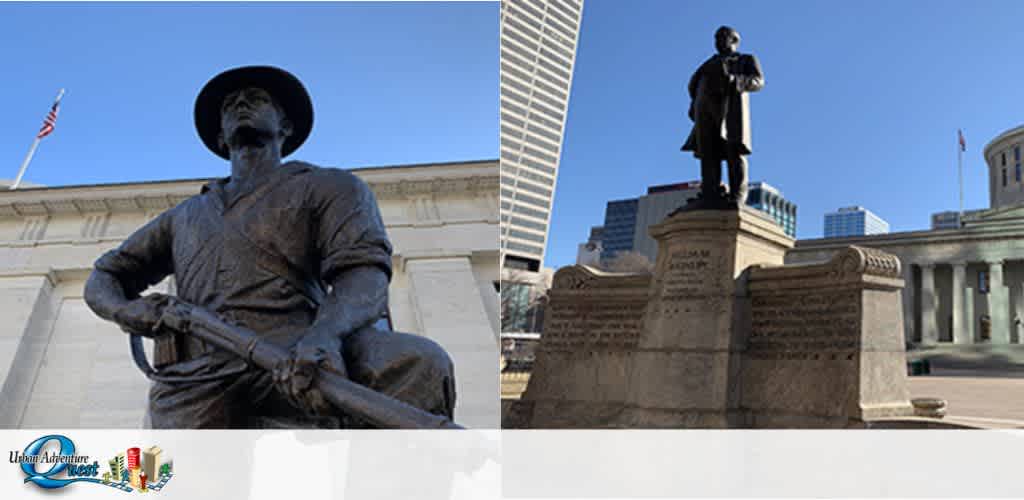 Image displays two bronze statues in separate locations. On the left, a statue of a worker wearing a hat and holding a shovel against a blue sky with a U.S. flag and a classical building in the background. On the right, a statue of an individual in 19th-century attire stands atop a pedestal, with an inscription, against the backdrop of a cityscape and clear sky.