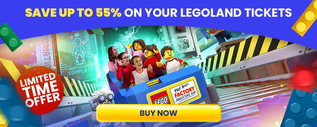 Promotional banner highlighting a limited-time offer for up to 55% off on LEGOLAND tickets. Features an animated family on a LEGO-themed ride, expressing joy and excitement. Bright colors with a prominent 'Buy Now' button to the right.