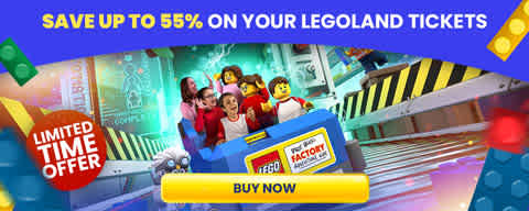 Promotional banner with text stating save up to 55% on LEGOLAND tickets. A family is joyfully riding a LEGO-themed roller coaster with LEGO figures in the foreground. A 'Buy Now' button is visible, and there's a 'Limited Time Offer' alert in the upper left corner. The background shows colorful theme park imagery with dynamic lines suggesting motion and excitement.