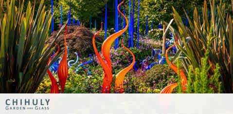 Image featuring vibrant glass sculptures with swirling orange and blue hues towering among green vegetation. The artwork contrasts with the surrounding foliage under a bright sky, exhibiting a fusion of art and nature. Below the image, text reads 'Chihuly Garden and Glass'.