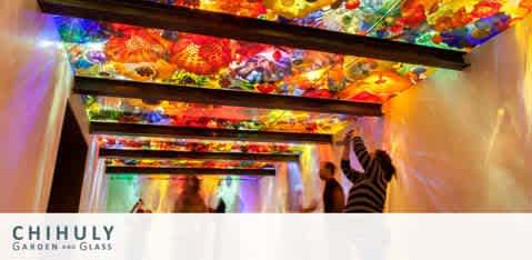 Image showing an indoor view of Chihuly Garden and Glass with a vibrant glass flower installation on the ceiling. Vivid colors like red, blue, orange, and yellow mix together above visitors who are looking up, silhouetted against the brightly lit panels. The Chihuly logo is at the bottom.