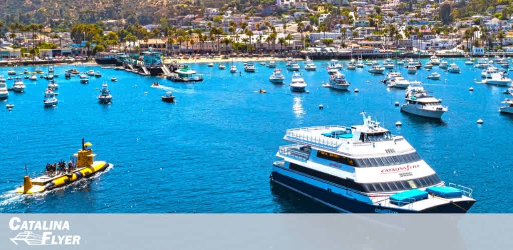 Aerial view of a bustling harbor with a large ferry named Catalina Flyer, a yellow submarine, and numerous small boats floating on the clear blue water. A sunny day with a hilly coastline in the background.