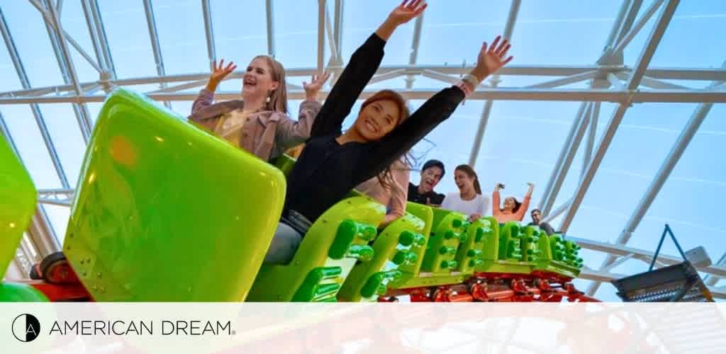 A collage of three images at Nickelodeon Universe. The left shows two people navigating a rope course with safety harnesses. The center focuses on the complex metal framework of indoor attractions. On the right, an individual is joyfully zip-lining, their feet suspended in mid-air. The entire scene is vibrant with activity inside a large indoor entertainment space.