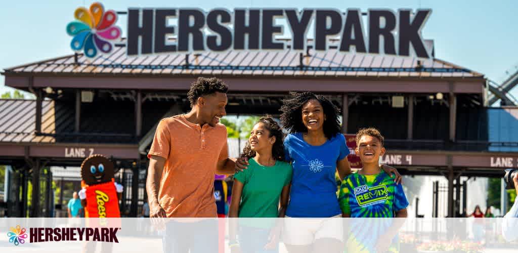 A joyful family walks together at Hersheypark entrance under a clear blue sky. Two adults and two children are smiling and appear lively. The park's sign and logo hover above, with colorful designs suggesting a fun atmosphere. A cartoonish Hershey's character adds charm in the background.