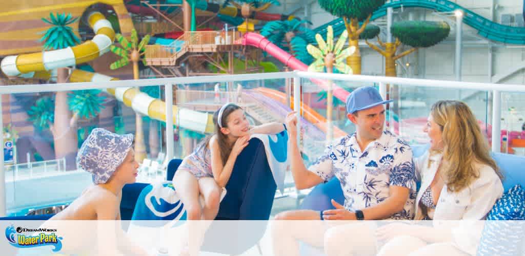 Four people are relaxing at a water park, chatting and smiling. The backdrop includes bright, colorful water slides and palm trees. Two are seated, and two are leaning on a clear barrier, all appear engaged in a joyful conversation. The image conveys a friendly and leisurely atmosphere. The DreamWorks Water Park logo is displayed in the corner.