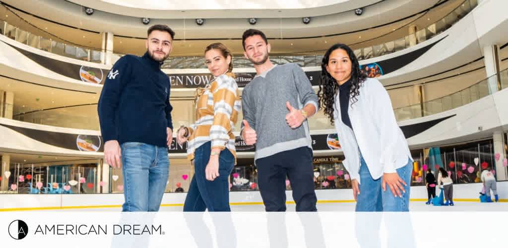 Image displaying two scenes at an ice-skating rink. On the left, the rink corner shows a vibrant logo that reads 'American Dream.' On the right, children are ice-skating, with one child utilizing a blue seal-shaped skating aid. The background features other skaters and the ambient glow of indoor lighting.