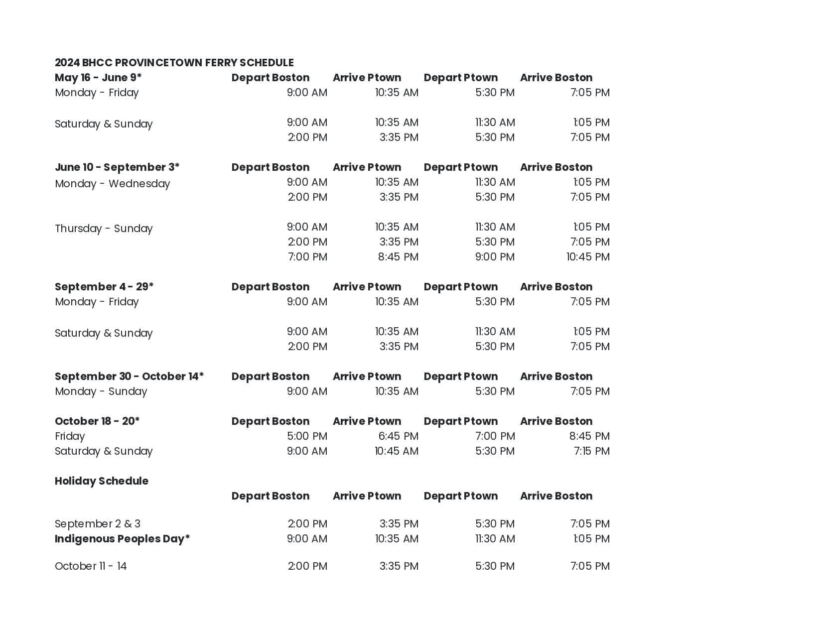 Image of a 2024 ferry schedule for the Boston Harbor Cruises to Provincetown. It details departure and arrival times between Boston and Provincetown for various dates and includes special schedules for holidays and summer days. Times vary with departures starting from 9:00 AM and arrivals as late as 10:45 PM.