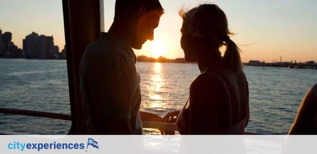 Image depicts a silhouette of two people facing each other against a sunset over water. The background shows a city skyline. A logo for City Experiences is visible in the corner, indicating a potential travel or tour service.