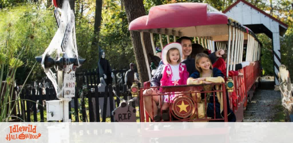 A family enjoys a festive Halloween train ride at Idlewild's HALLOWBOO event. They smile as they pass by playful spooky decorations including a makeshift graveyard under a bright autumn sun. The kids wear costumes, adding to the cheerful holiday spirit.