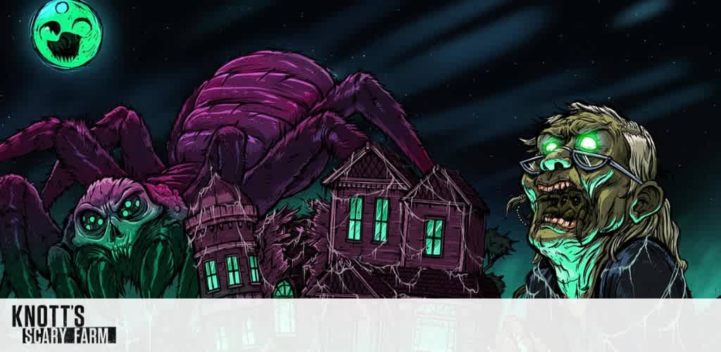 A spooky illustrated scene featuring a giant purple spider near an eerie, crooked house with glowing green windows. The sky above displays a grinning green moon. On the right, a ghoulish figure with glowing eyes adds to the ominous atmosphere. Perfect for Halloween or horror-themed events.