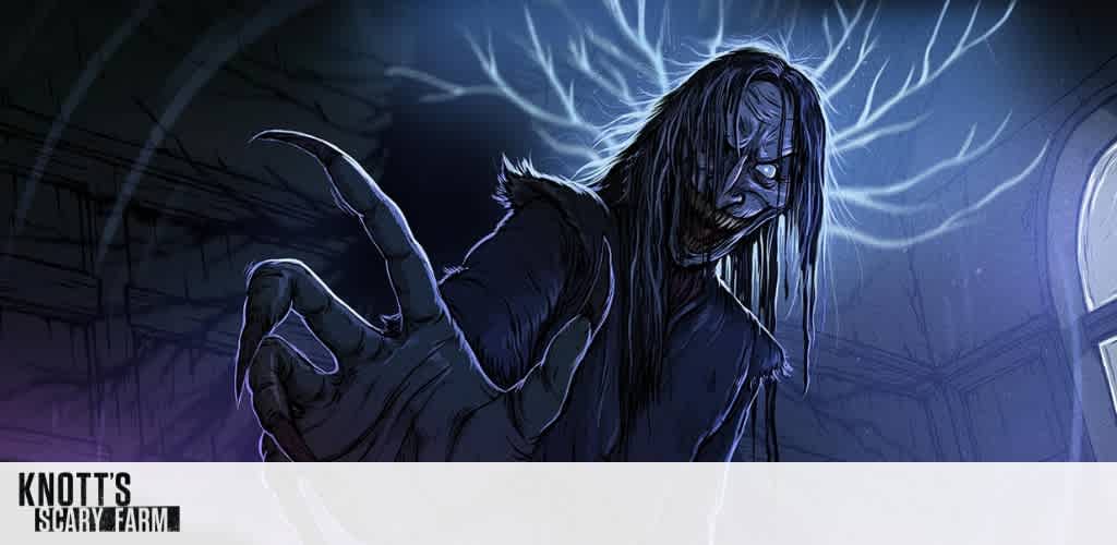 Illustrated spooky figure with long hair and extended claw-like hand appears menacingly against a dark, eerie backdrop. The atmosphere is intensified by glowing white lines emanating from the figure's head, resembling lightning or branches. The setting is dimly lit, contributing to the sinister and mysterious vibe. Perfect representation for a haunted attraction or Halloween event, evoking a sense of thrill and suspense.