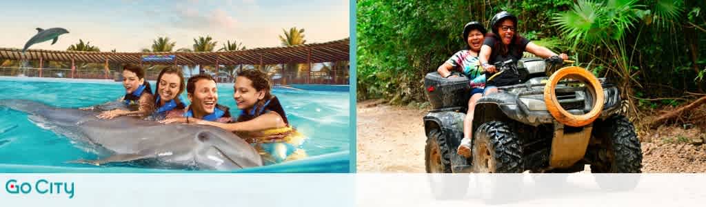A joyful image split into two activities. On the left, five people smile and interact closely with a dolphin in a sparkling blue pool. On the right, two individuals, wearing helmets, enjoy an adventurous ATV ride through a lush, green forest trail.