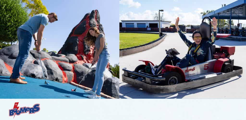 The image shows two scenes. On the left, two people are at a mini-golf course, aiming their putters on a vibrant blue surface with a colorful rock formation in the background. On the right, a person is joyfully driving a red and black go-kart on a sunny track, raising their hands in excitement. The Boomers logo is visible at the bottom of the image.