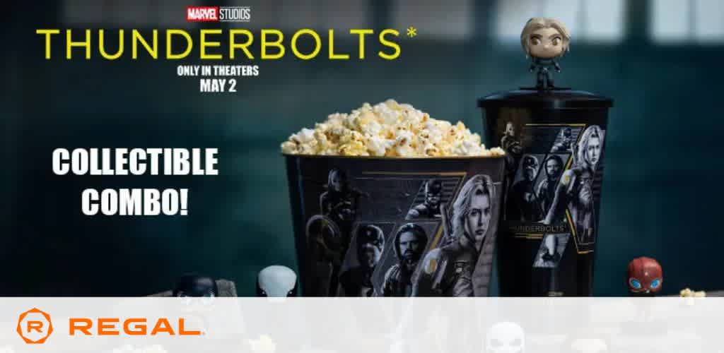 Thunderbolts movie collectible combo featuring popcorn and drink cup with character images.