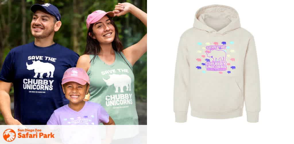 People wearing rhino-themed shirts with a light-colored hoodie displaying a similar design.