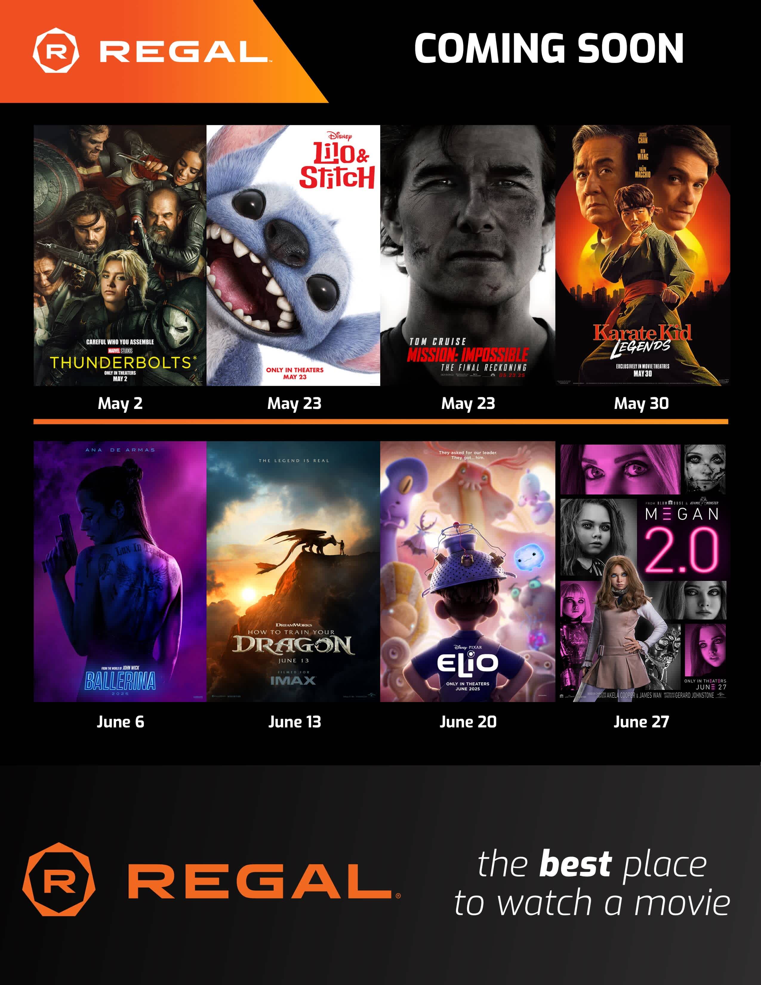Regal movie poster collage showcasing upcoming film releases with titles and dates.