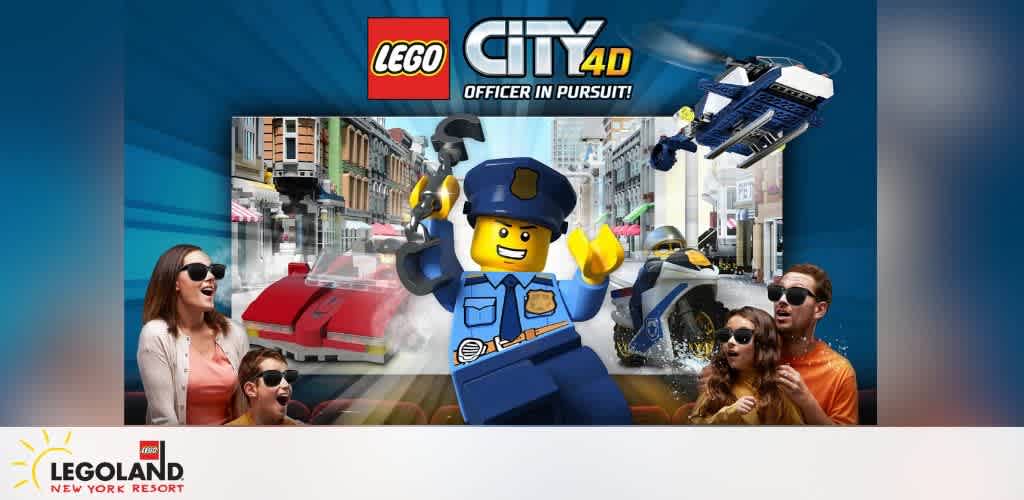 Promotional poster for 'LEGO City 4D: Officer in Pursuit!' with LEGO characters and spectators in 3D glasses.