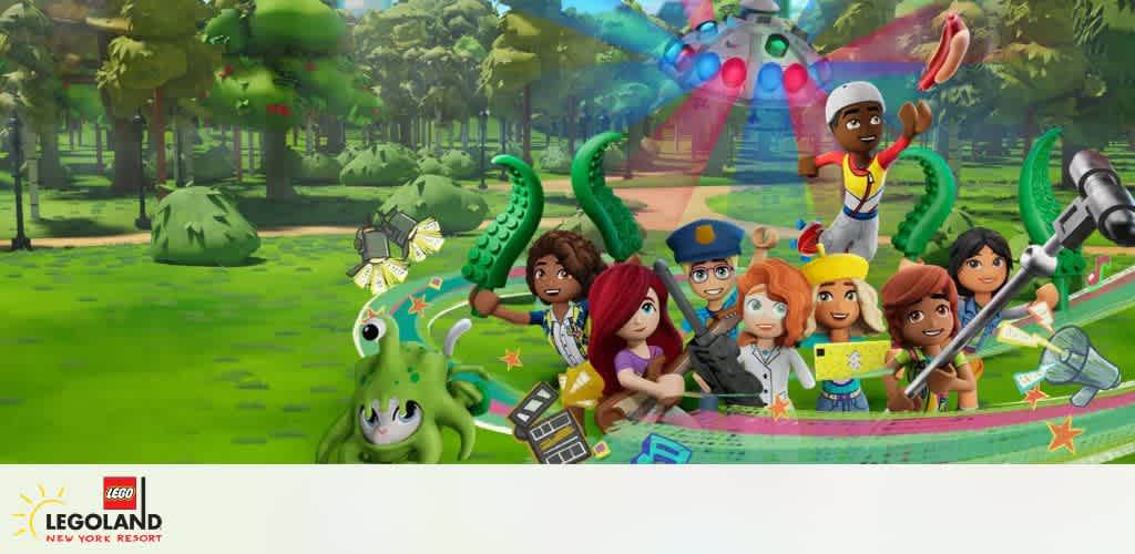 Animated characters in a park with a UFO overhead and a large green creature nearby.