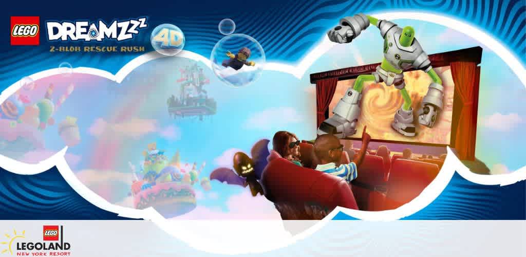 Poster for Lego Dreamzzz 4D: Z-Blob Rescue Rush with children in a theater and a 3D robot, at Legoland New York Resort.