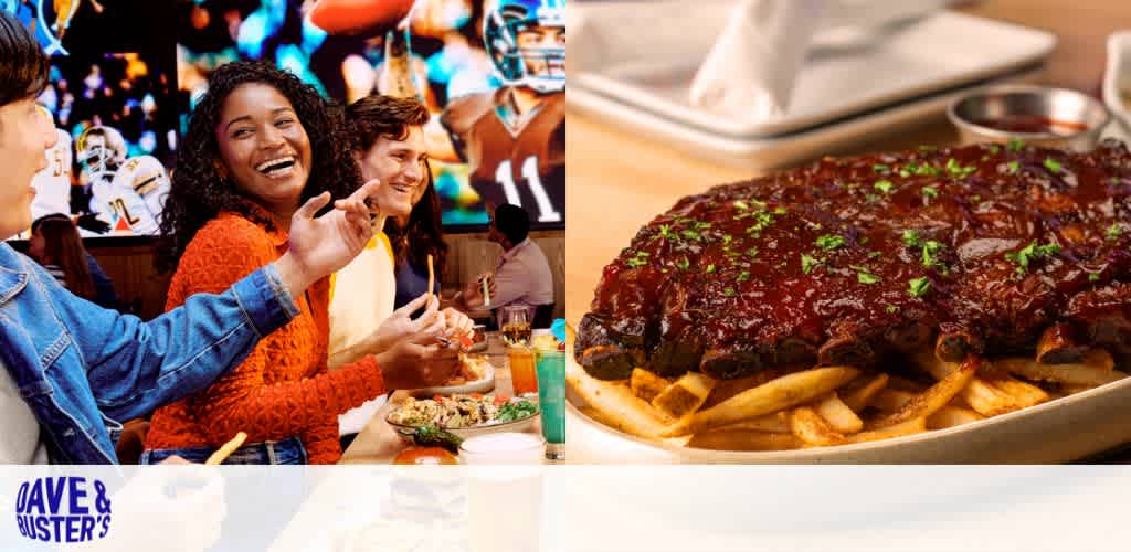 Group of people enjoying a sports game at a restaurant; ribs and fries on a plate.