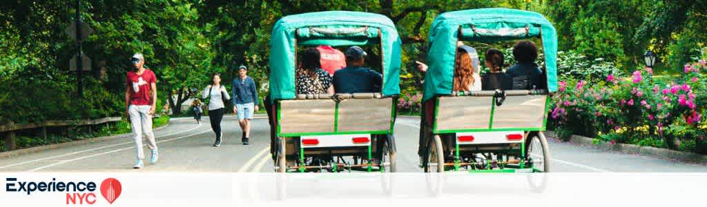 People are enjoying a scenic pedicab ride along a lush, tree-lined path in a park. The pedicabs are covered with green canopies, and vibrant flowers line the route. Pedestrians are walking nearby, creating a lively and inviting atmosphere.