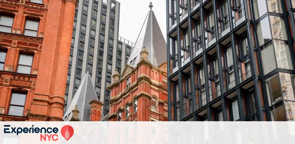 The image showcases a blend of historic and modern architecture in a cityscape. A red brick building with pointed spires is flanked by glass and steel structures, highlighting the contrast between old and new designs. This urban scenery captures the vibrant architectural diversity of the city, reflecting its rich history and contemporary growth. The scene is likely from a dynamic, bustling metropolis.