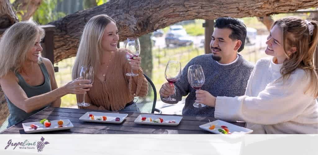 A group of four people, two women and two men, enjoy a wine tasting outdoors. They are seated at a wooden table with trees in the background, holding wine glasses and smiling. Plates with appetizers are placed in front of them, and the atmosphere appears relaxed and cheerful, suggesting a pleasant social gathering at a vineyard.
