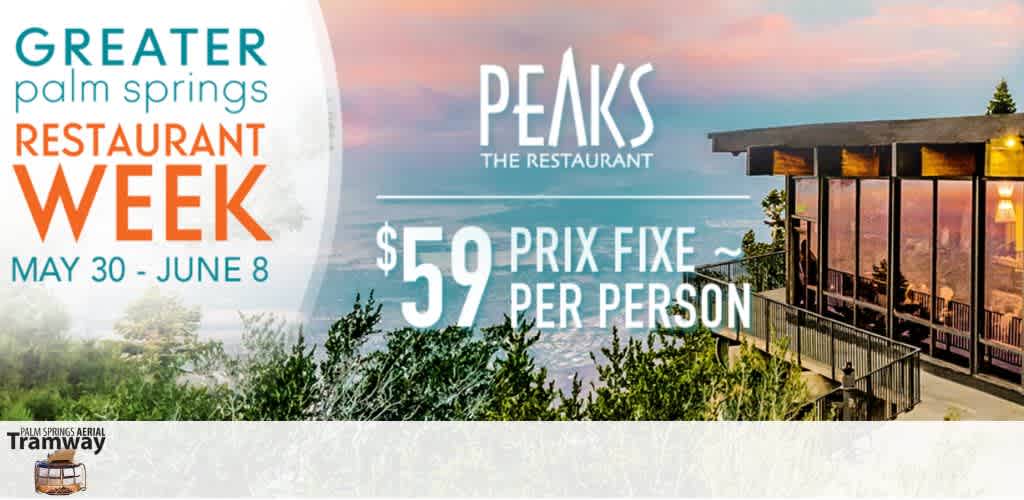 Promotional banner for Greater Palm Springs Restaurant Week with a scenic view and modern restaurant.