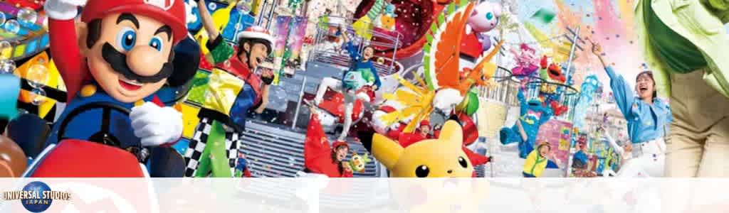 Colorful theme park scene featuring popular animated characters like a mustached plumber in red and a yellow electric creature. They are surrounded by vibrant decorations, roller coasters, and excited guests enjoying the lively atmosphere. The image showcases the fun, energetic environment of an animated-themed attraction at a well-known park.