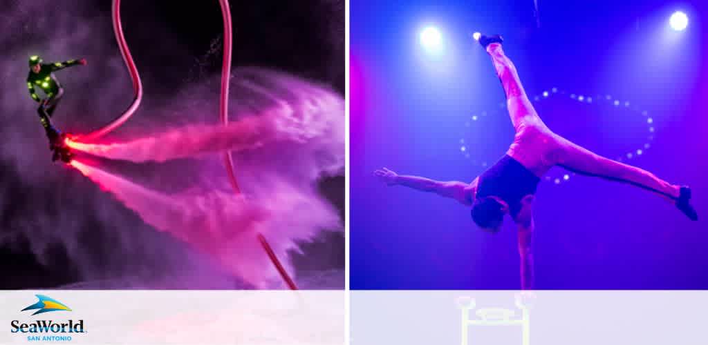 A flyboarder performing at night with illuminated water jets on the left; an acrobat balancing one-handed under colorful stage lights on the right.