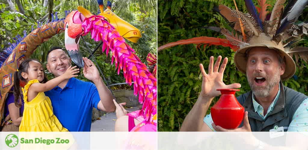 Two images: one of a man and child interacting with a colorful bird puppet, and another of a man holding a red vase with a feathered hat.