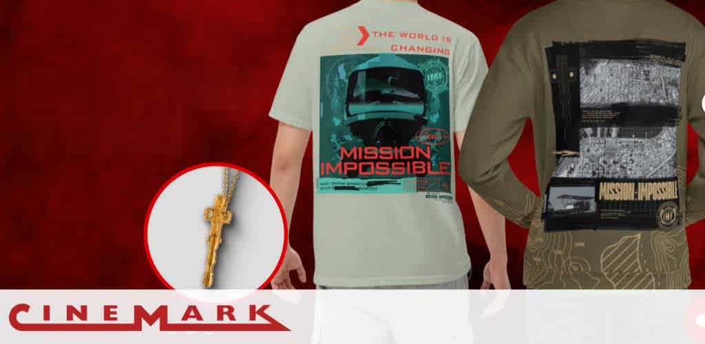 Two individuals wear Mission Impossible themed t-shirts. The left shirt has a car design with the text The World is Changing above Mission Impossible. The right shirt features a grayscale city map collage with Mission Impossible text. A gold key-shaped pendant is shown in a circular inset. Cinemark logo appears at the bottom on a red background.