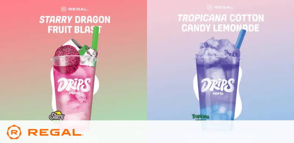 Two drinks: 'Starry Dragon Fruit Blast' in pink and 'Tropicana Cotton Candy Lemonade' in purple, both with the 'Drips by Pepsi' logo