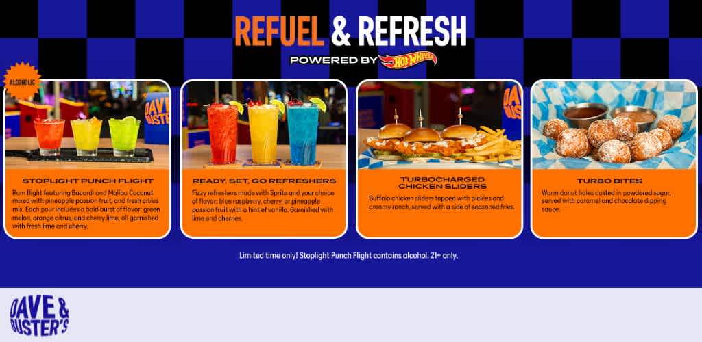 A promotional image for Dave & Buster's featuring colorful drinks, chicken sliders, and doughnut holes against a blue and black checkered background.