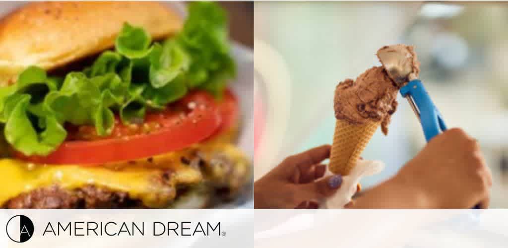 Close-up of a hamburger and a hand holding a cone with chocolate ice cream, with