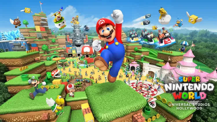 Image of Super Nintendo World at Universal Studios Hollywood. Colorful scene with iconic video game characters in a vibrant, blocky landscape. A character in red and blue overalls jumps triumphantly in the foreground. People enjoy rides and attractions in a playful, imaginative environment featuring castles, hills, and familiar game elements like coins and question blocks. The setting evokes the adventure and excitement of a video game world.