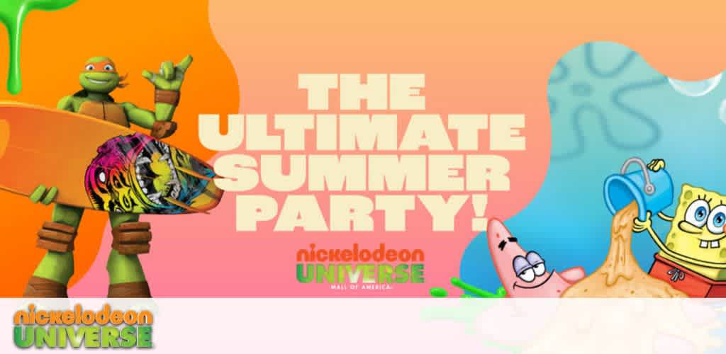 Promotional graphic featuring a Teenage Mutant Ninja Turtle with a surfboard and SpongeBob SquarePants pouring slime on Patrick Star.
