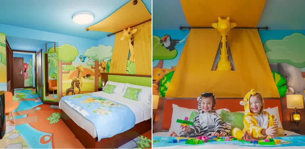 A vibrant kids' room themed around wildlife adventure at Legoland California Resort. Walls feature colorful jungle murals with trees, koalas, and a giraffe. The room is furnished with a dresser, TV, and playful decor including animal figures, a small table, and chairs. A colorful mat on the floor completes the playful ambiance.