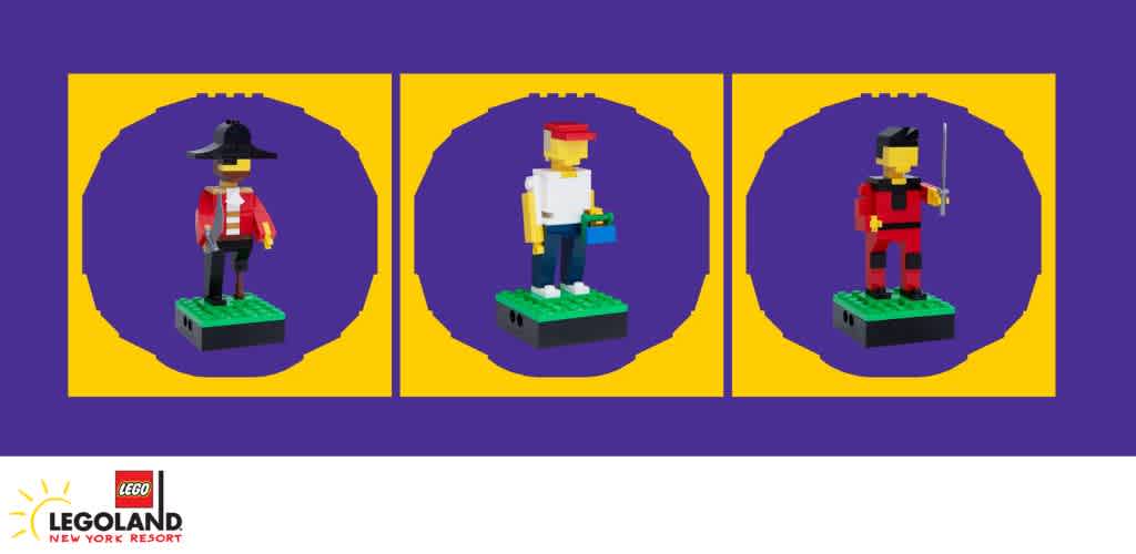 Three LEGO figures are displayed side by side on yellow and purple backgrounds. Below is the LEGOLAND New York Resort logo.