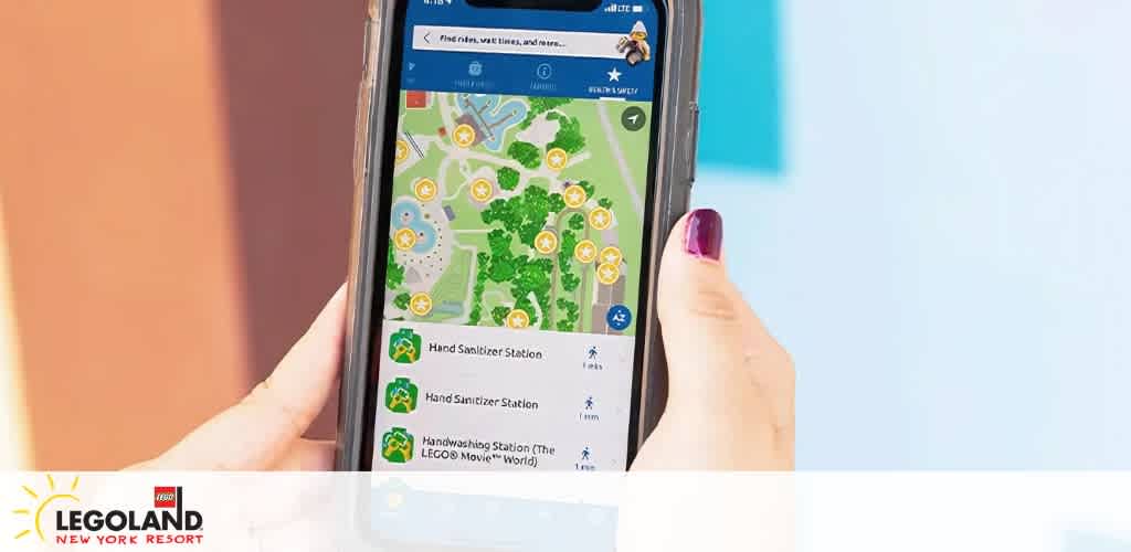A person holding a smartphone showing a map of an amusement park with locations marked, and a LEGOLAND New York Resort logo at the bottom.