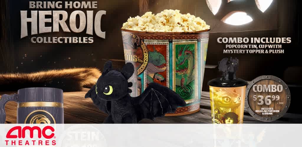 An AMC Theatres ad showing a dragon-themed popcorn tin filled with popcorn, a dragon plush toy, and a cup with a dragon topper.