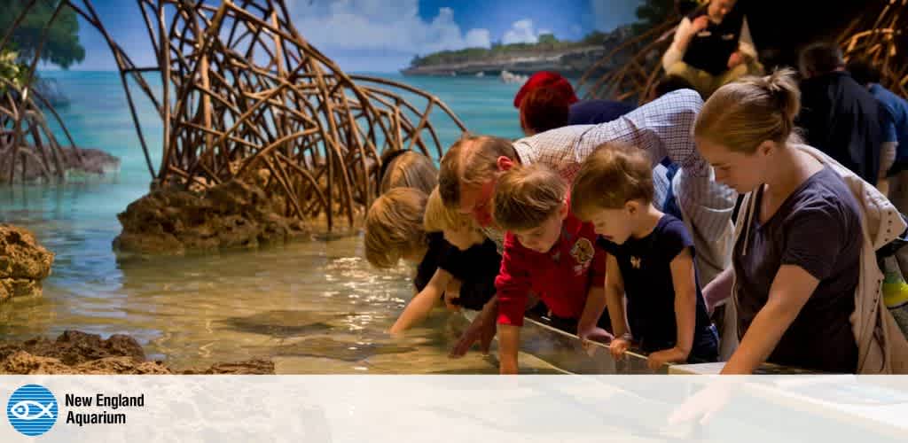 Visitors at an aquarium explore a touch tank with children and adults leaning over to interact with aquatic life. The exhibit features lifelike mangrove roots and clear, calm water. The background depicts a serene, sunlit seascape with lush greenery and a bright blue sky. The atmosphere is engaging and educational, offering a hands-on experience for guests of all ages.