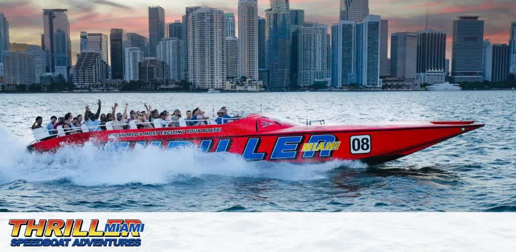 A bright red speedboat labeled